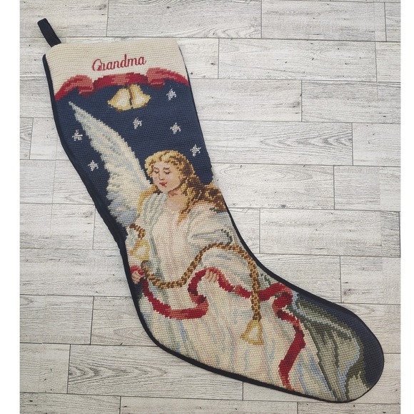 Other - Vtg Needlepoint Christmas Stocking • Angel Bells Stars • "Grandma" Holiday Decor